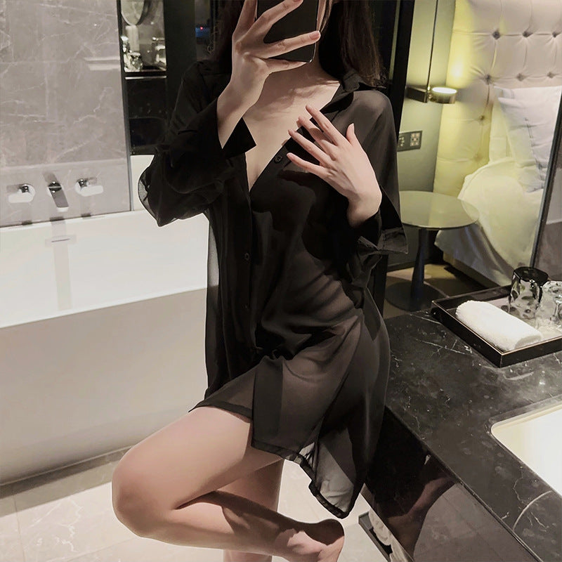 Image of erotic lingerie feminine see-through uniform temptation plus size backless shirt passion boyfriend style pajamas set 8850
